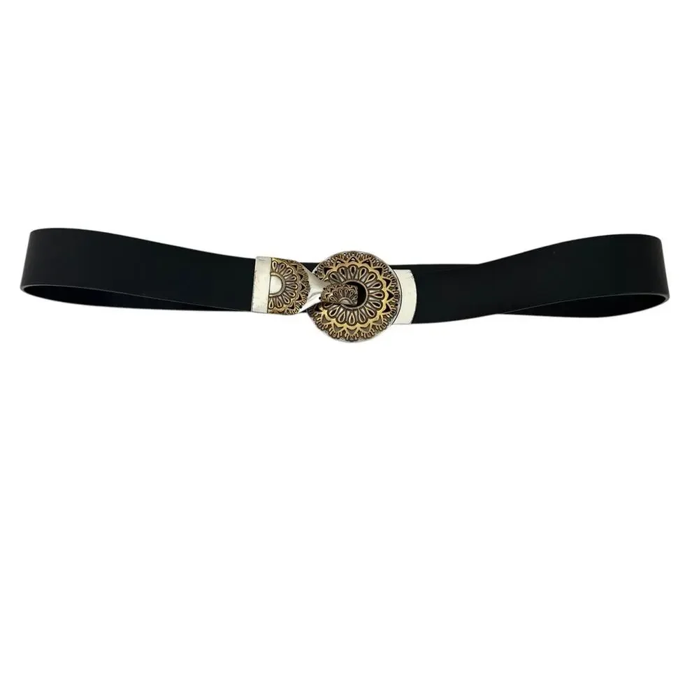 Chicos Genuine Leather Medallion Belt M/L Black Round Buckle Gold Silver Tone